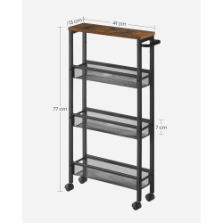 Wózek VASAGLE 4 poziomy, wózek kuchenny wąski, półka wnękowa na kółkach, stal, uchwyt, do małych przestrzeni, 13 x 45,4 x 77 cm, kuchnia, łazienka, salon, gabinet, vintage brązowo-czarny LRC032B01V1