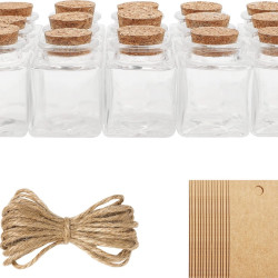 15-pakowy zestaw szklanych słoików prezentowych z korkowymi nakrętkami, etykietami i sznurkiem – 50 ml – Mini Square Mason Hermetyczne butelki do przechowywania i etykiety na prezent ślubny, imprezę, jedzenie do kuchni i dżem