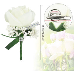 AFASOES 4szt Boutonniere ślubna Biała Róża Boutonniere Ręcznie robiony stanik Dziurka Kwiaty z szpilką i klipsem Sztuczne ślubne akcesoria kwiatowe dla mężczyzn Pan młody Panna młoda Garnitur Sukienka Bankiet Party Decor